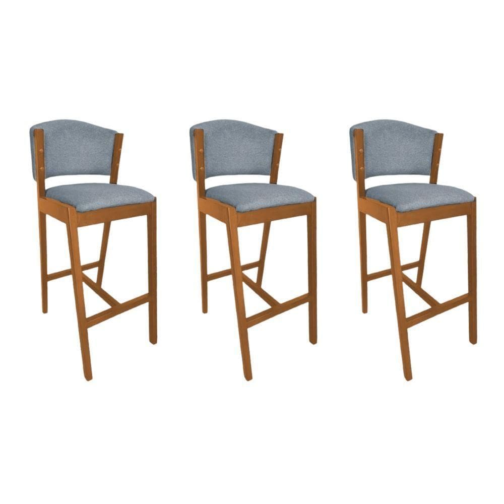 Kit 3 Banquetas Altas De Madeira Maciça Ana Em Linho Premium Cinza Linho Cerejeira