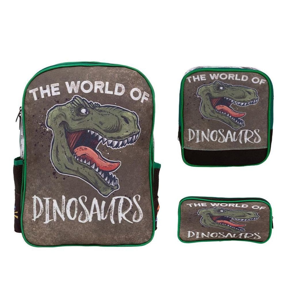 Kit Mochila Infantil Masculina Costas Dinossauro Tam G 3 Pçs