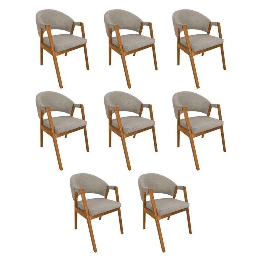 Kit 8 Cadeiras De Jantar Madeira Maciça Helen Impermeável Cerejeira Bege Linho