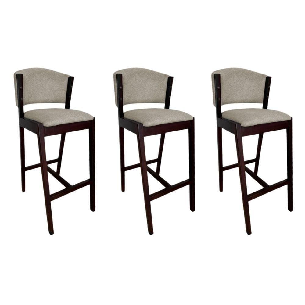 Kit 3 Banquetas Altas De Madeira Maciça Ana Em Linho Premium Bege Linho Castanho