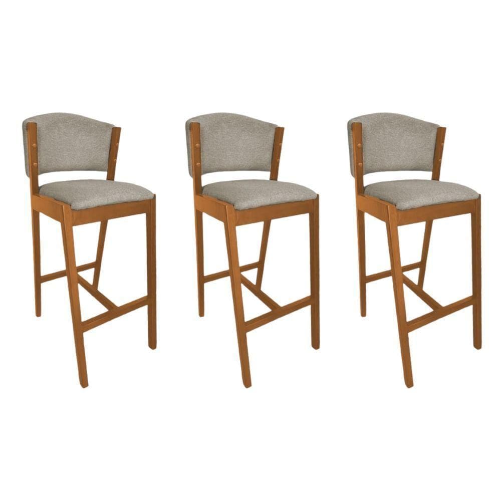 Kit 3 Banquetas Altas De Madeira Maciça Ana Em Linho Premium Bege Linho Cerejeira