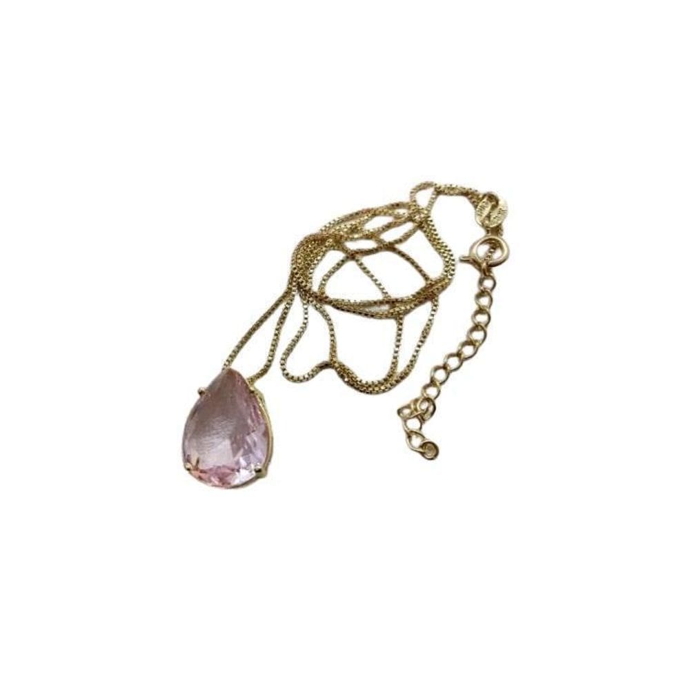 Colar Gota Pedra Zirconia Rosa F Ouro 18K Dourado