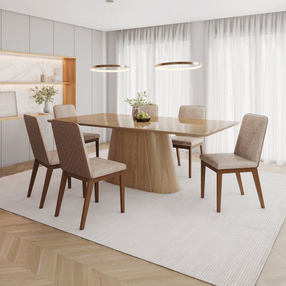 Conjunto Mesa Olívia 200cm com Vidro 06 Cadeiras Pietra Marrom/Caramelo/Creme