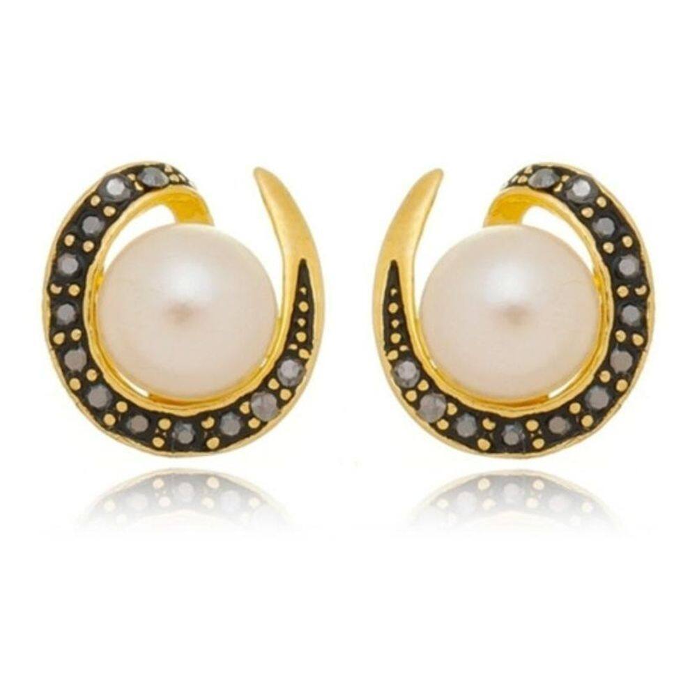 Brinco Pedra Hematita E Pérola Folheado A Ouro 18K Festa