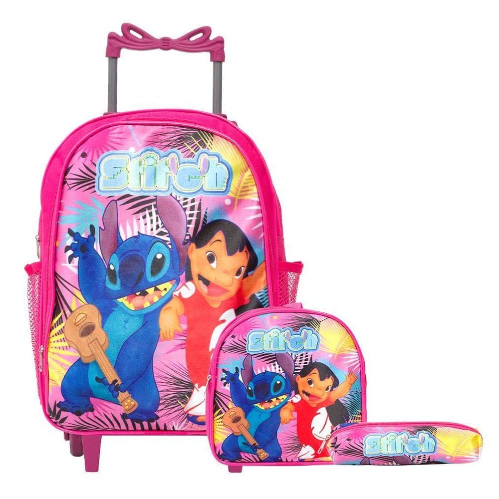 Kit Mochila Infantil Feminina Lilo & Stitch Rodinha Tam G