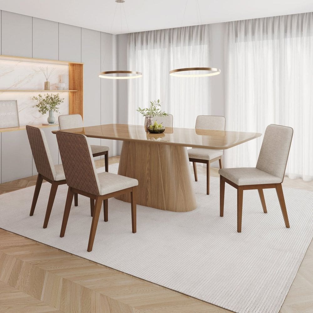 Conjunto Mesa Olívia 200cm com Vidro 06 Cadeiras Pietra Marrom/Caramelo/Bege