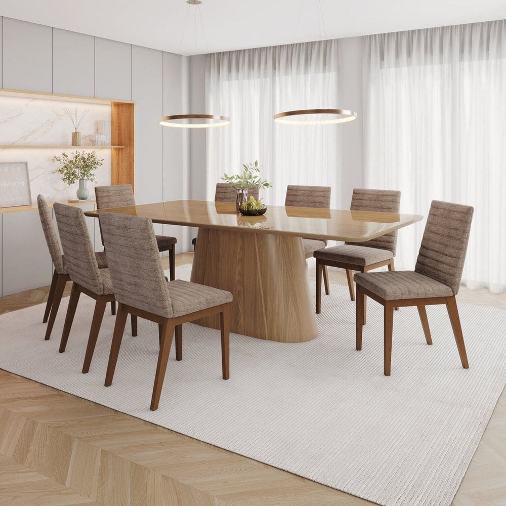 Conjunto Mesa Olívia 200cm com Vidro 8 Cadeiras Elena Marrom/Cacao