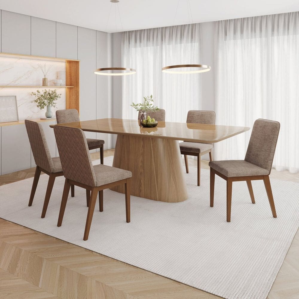 Conjunto Mesa Olívia 200cm com Vidro 06 Cadeiras Pietra Marrom/Caramelo/Cacao
