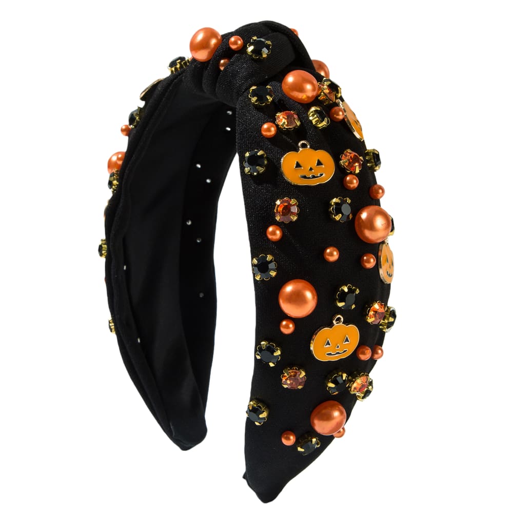 Bandana de Halloween, abóbora, pérola e strass, atada