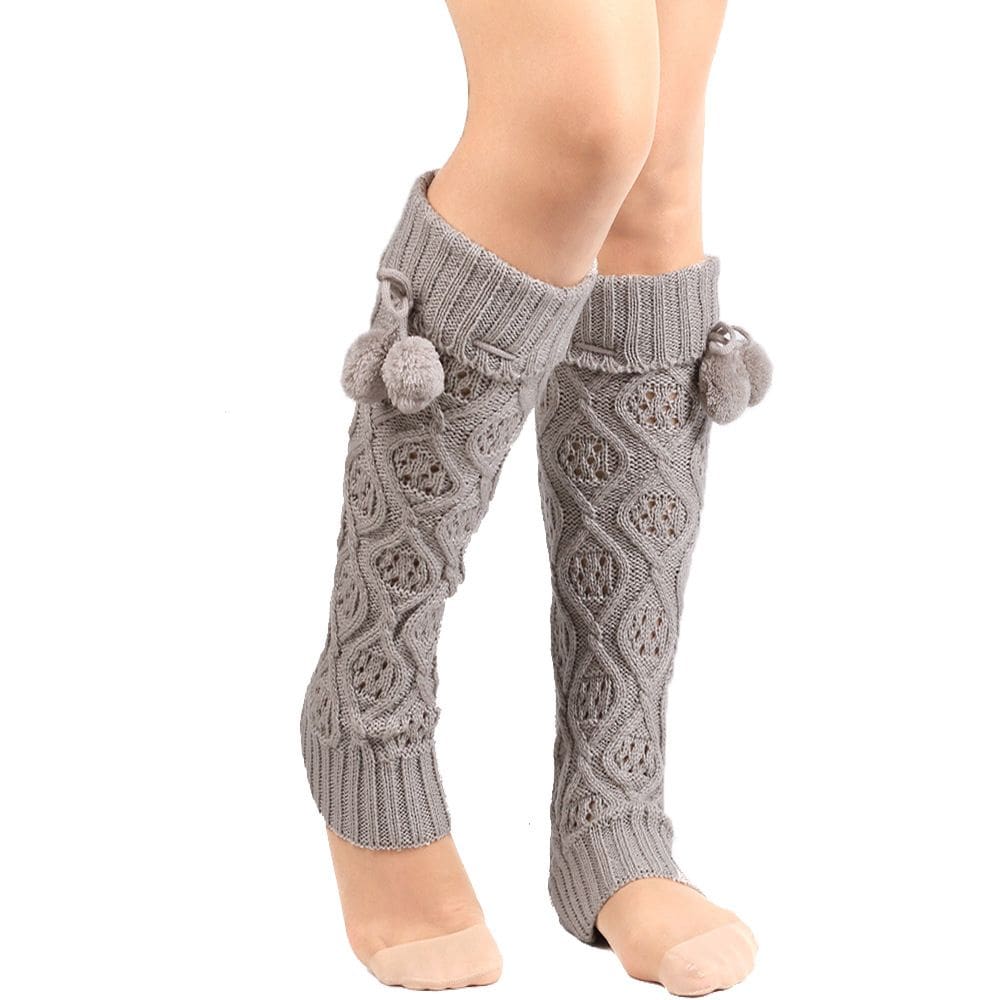 Aquecedores de pernas tricotados em acrílico com detalhes de pompom cinza claro