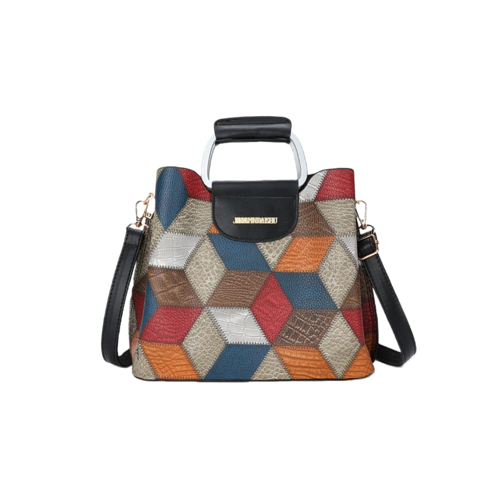 Bolsa feminina de PU Patchwork com alça superior e vários compartimentos