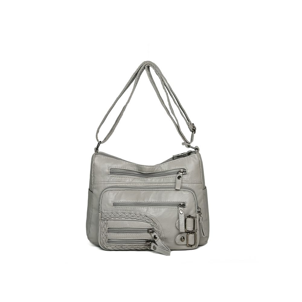 Bolsa de ombro feminina em couro PU de camada dupla cinza