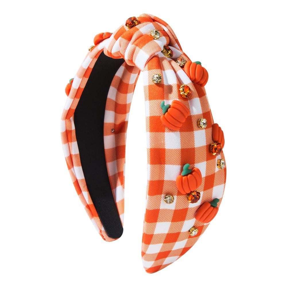 Faixa de cabeça, xadrez de abóbora, atada com strass, tecido laranja