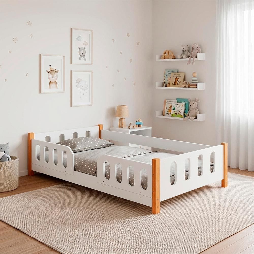 Cama de Criança Infantil Juvenil Montessoriana Melissa com Grade de Proteção ? Branca
