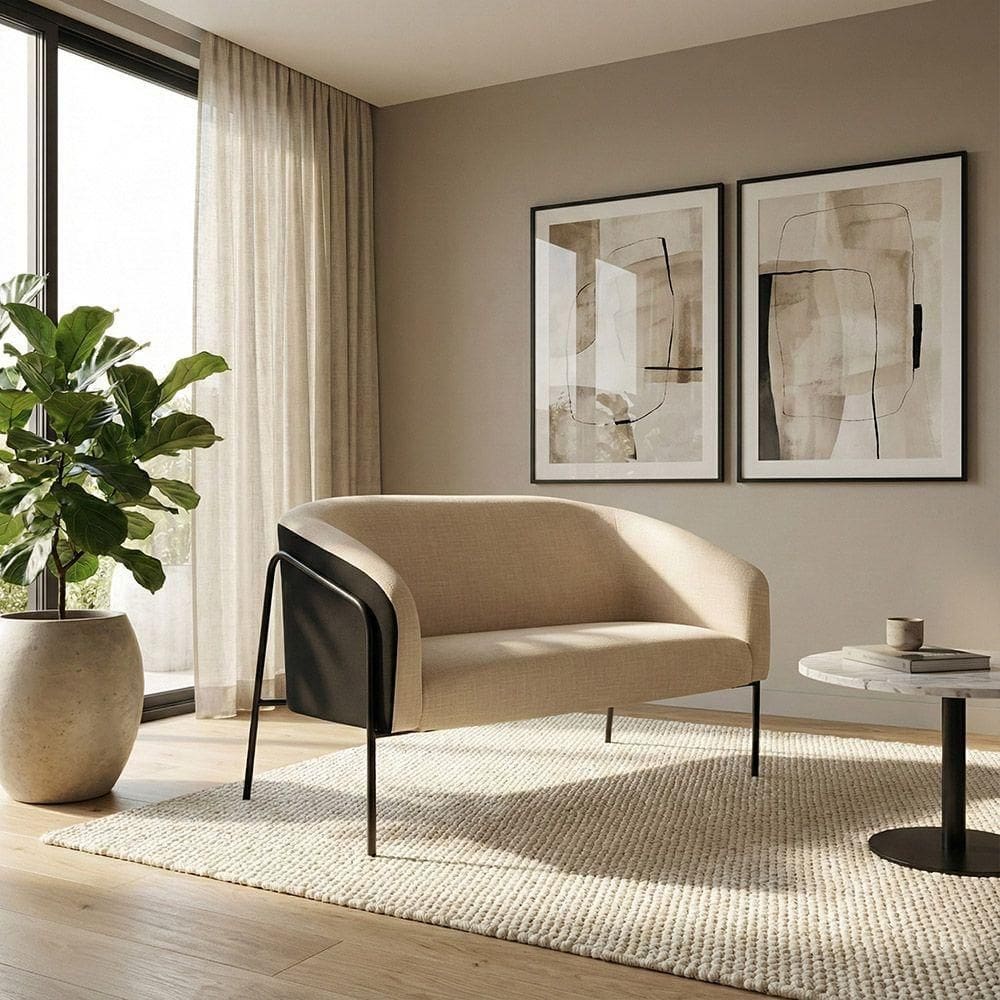 Sofá Namoradeira Stella Industrial Alta Preta Sintético Pu Preto Linho D03 - D`rossi Cor Preto/linho Bege