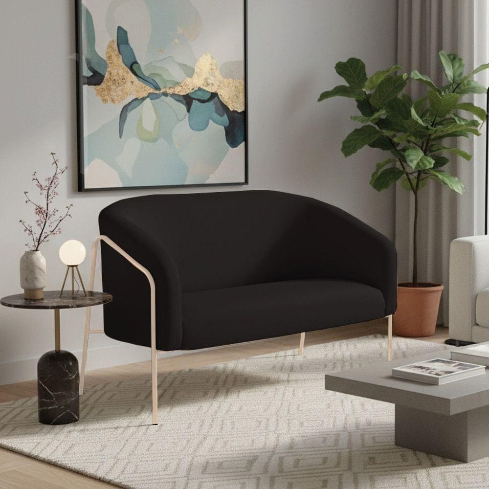 Sofá 2 Lugares Namoradeira Stella Base Industrial Alta Champanhe Suede Preto D03 - D`rossi