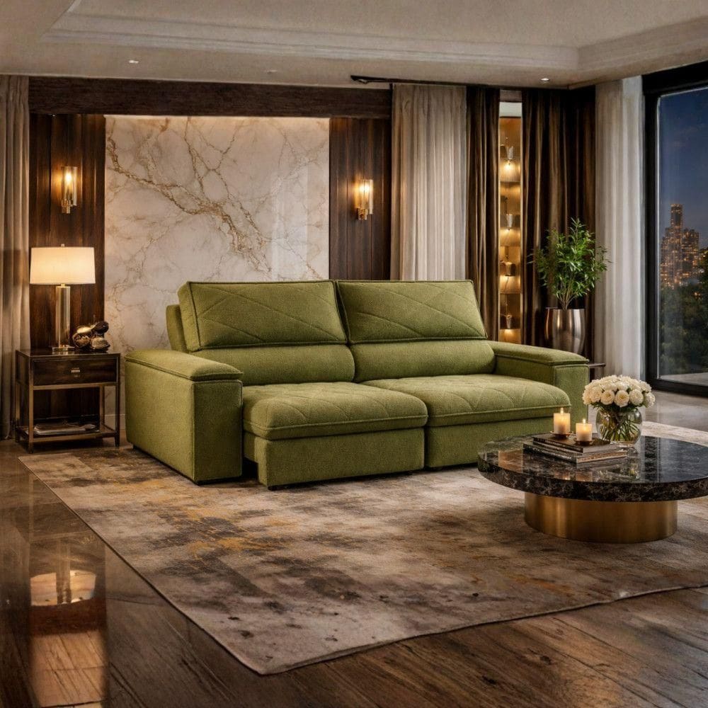 Sofá Konrad Retrátil Reclinável Mônaco 2,10 Metros Bouclê Verde