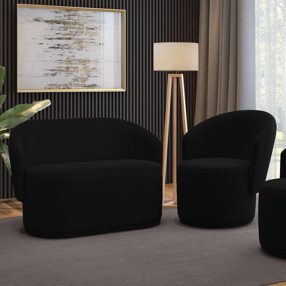 Sofá Namoradeira E Poltrona Orgânica Para Sala Malu Suede Preto M11 - D`rossi