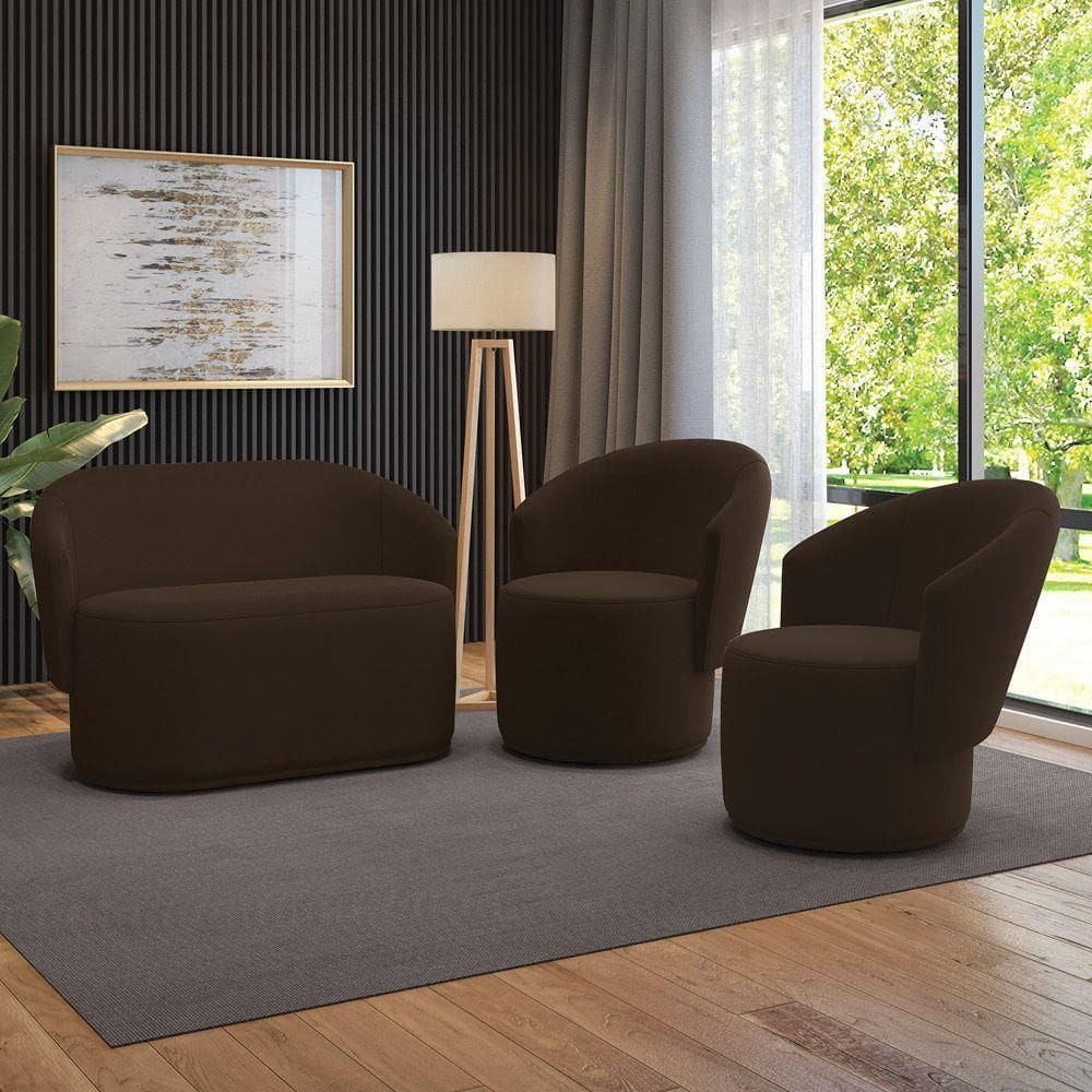 Sofá Namoradeira E 2 Poltronas Orgânica Para Sala Malu Suede Marrom M11 - D`rossi