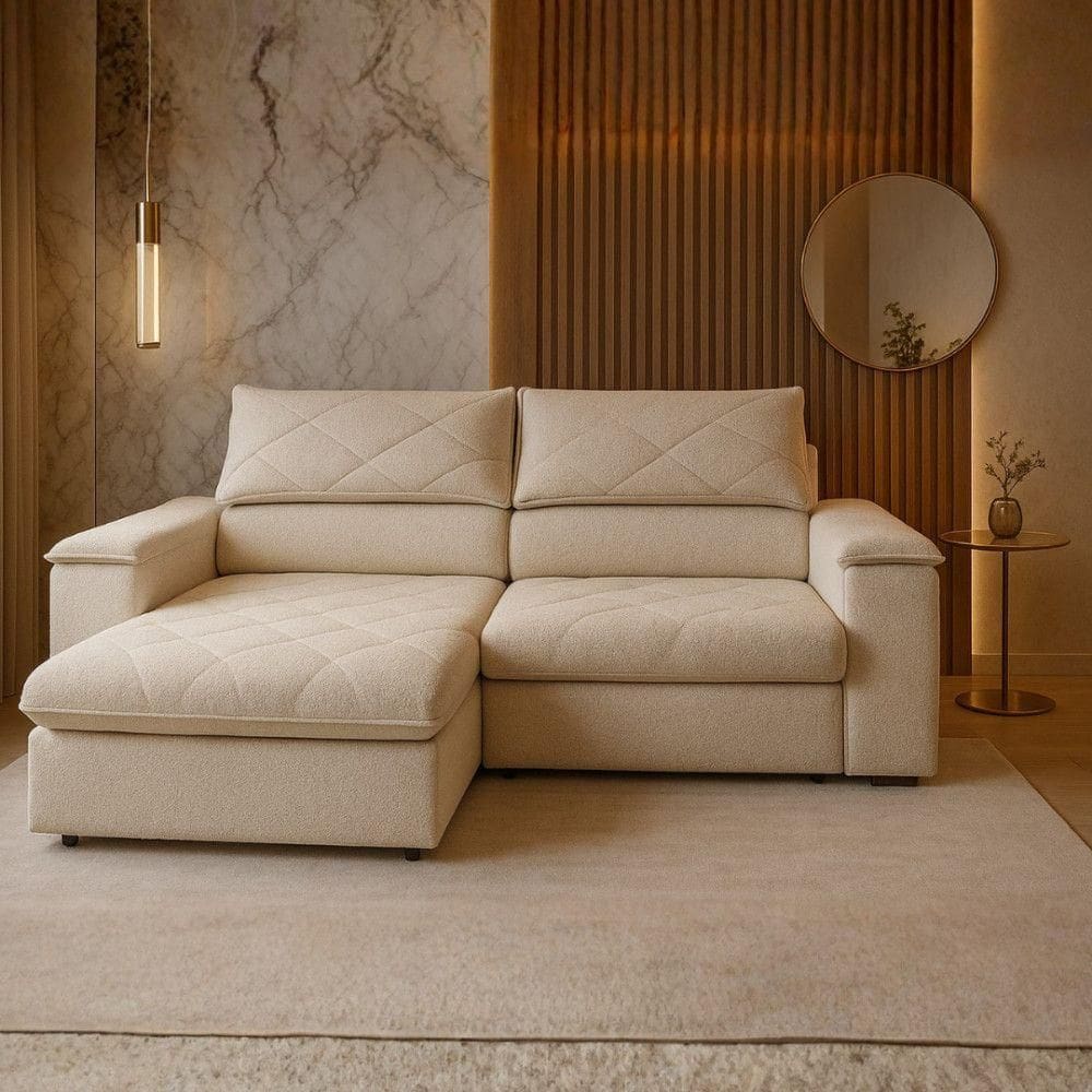 Sofá Konrad Retrátil Reclinável Mônaco 2,10 Metros Bouclê Nature