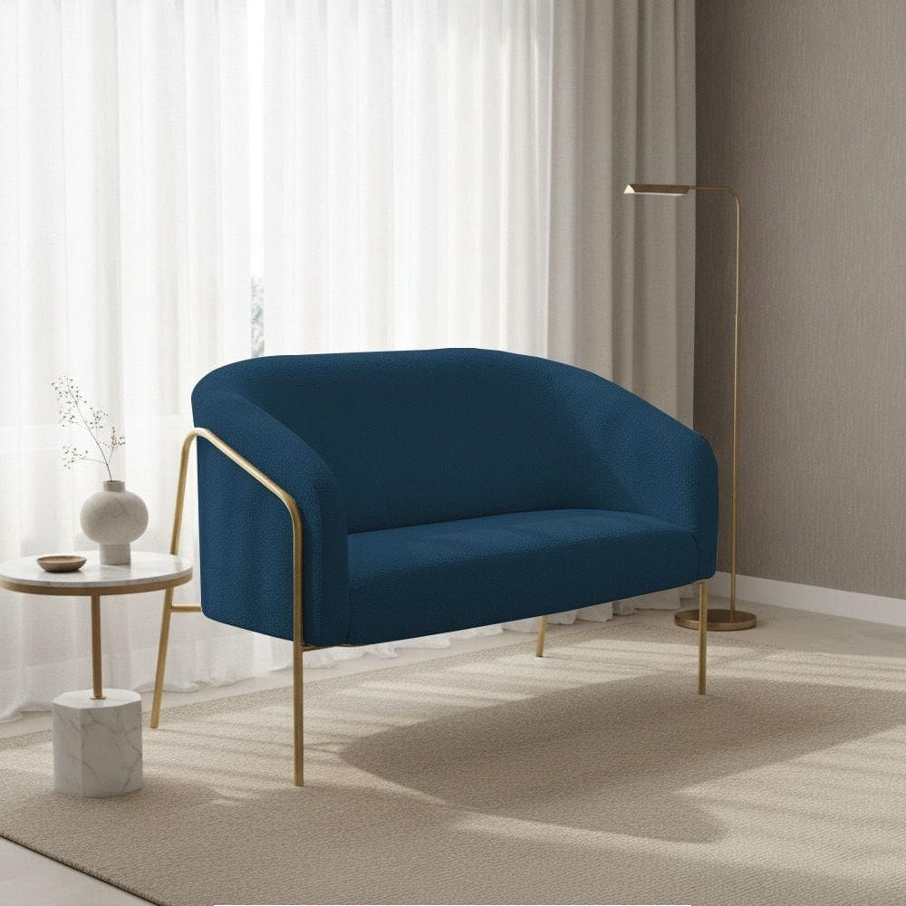 Sofá 2 Lugares Namoradeira Stella Base Industrial Alta Dourada Bouclê Azul D03 - D`rossi