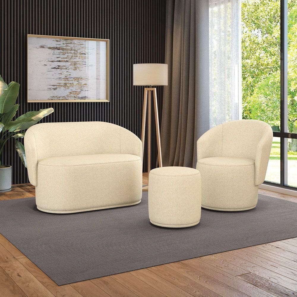 Sofá Namoradeira Com Poltrona E Puff Orgânico Sala Malu Linho Bege M11 - D`rossi