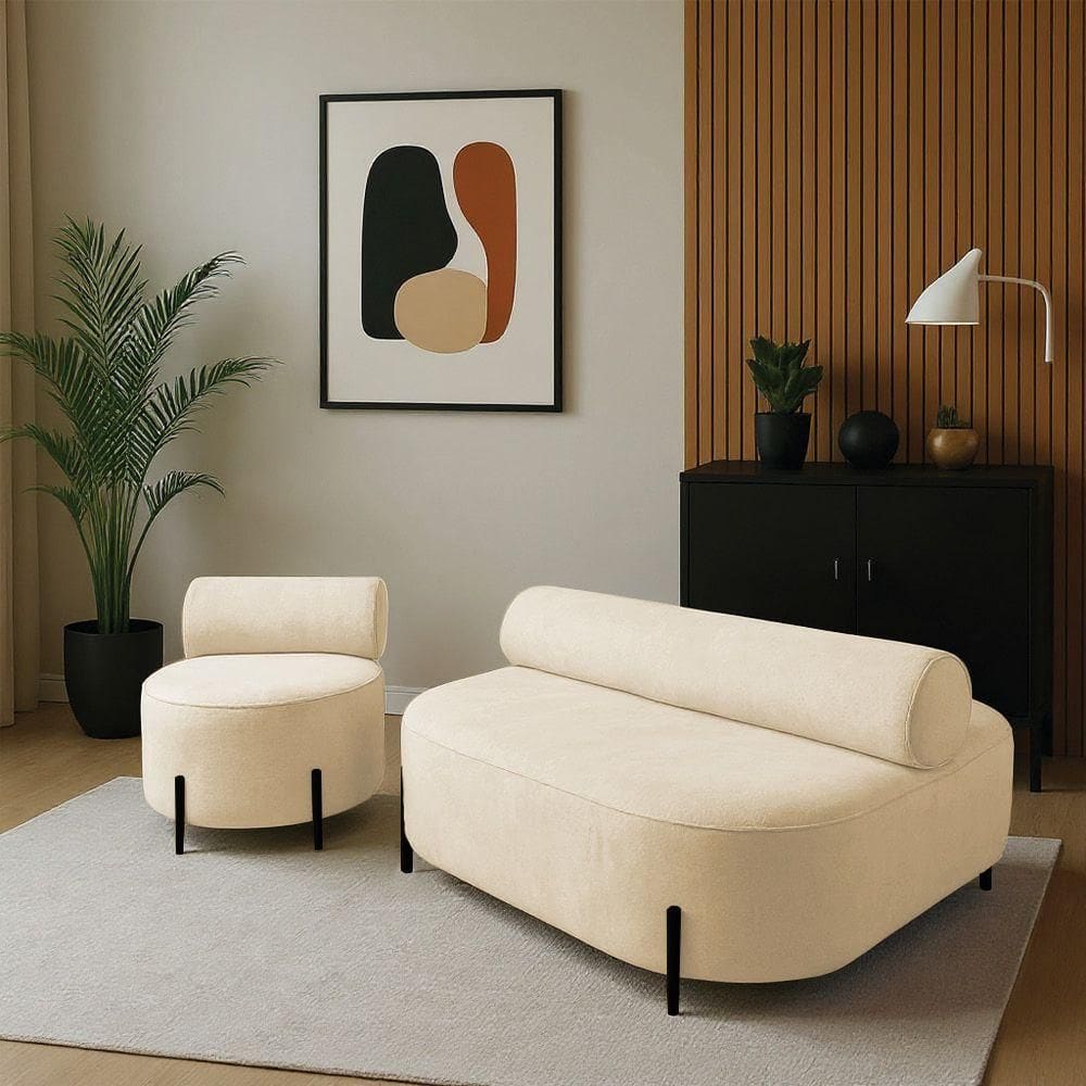 Sofá Sala Ilha Orgânico E 1 Poltrona 125cm éden Pé Aço Preto Bouclê Bege E03 - D`rossi