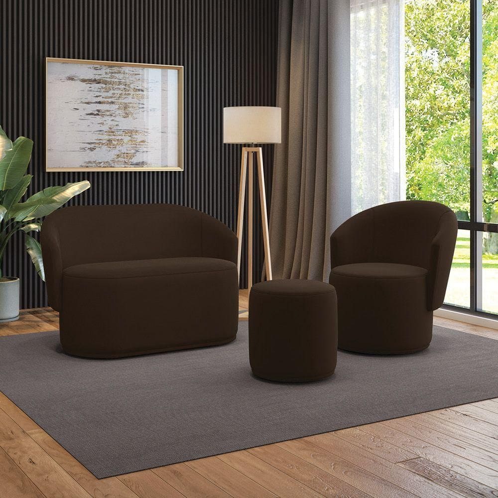 Sofá Namoradeira Com Poltrona E Puff Orgânico Sala Malu Suede Marrom M11 - D`rossi