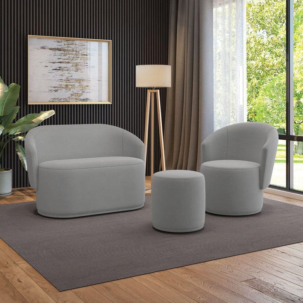 Sofá Namoradeira Com Poltrona E Puff Orgânico Sala Malu Suede Cinza M11 - D`rossi
