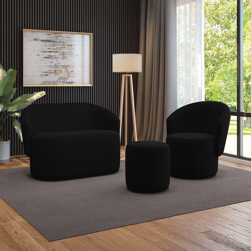 Sofá Namoradeira Com Poltrona E Puff Orgânico Sala Malu Suede Preto M11 - D`rossi