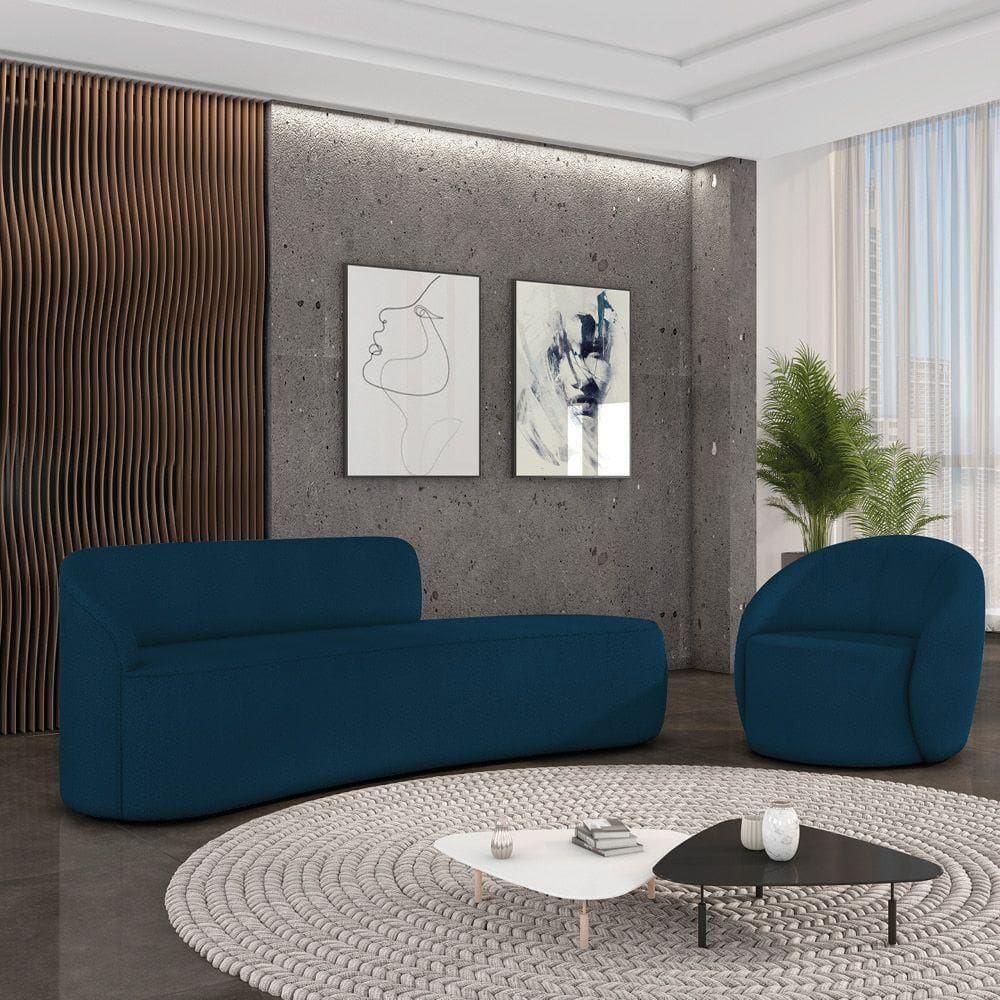 Sofá 4 Lugares Orgânico 220cm Morgan E Poltrona Lua Bouclê Azul D03 - D`rossi