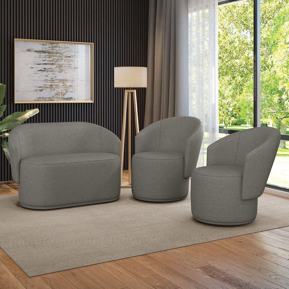 Sofá Namoradeira E 2 Poltronas Orgânica Para Sala Malu Linho Grafite M11 - D`rossi