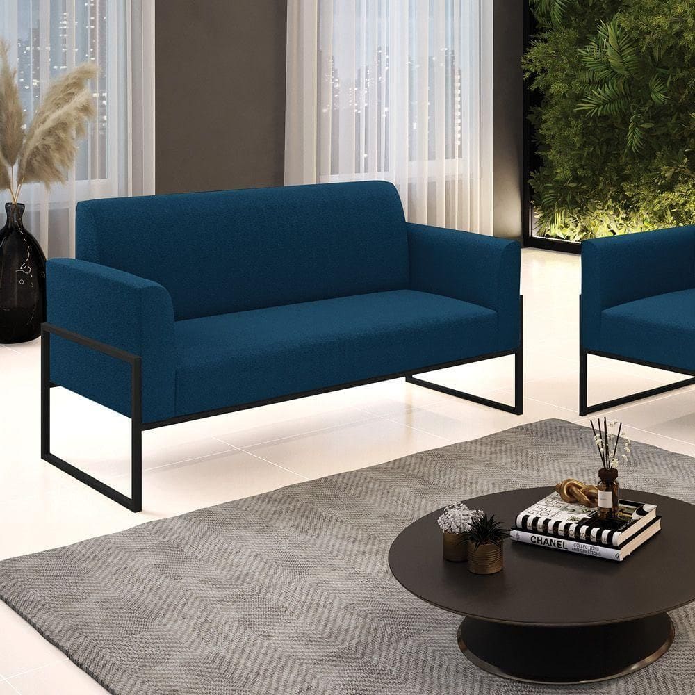 Sofá 2 Lugares Namoradeira Industrial Alta Preto Marisa Bouclê Azul