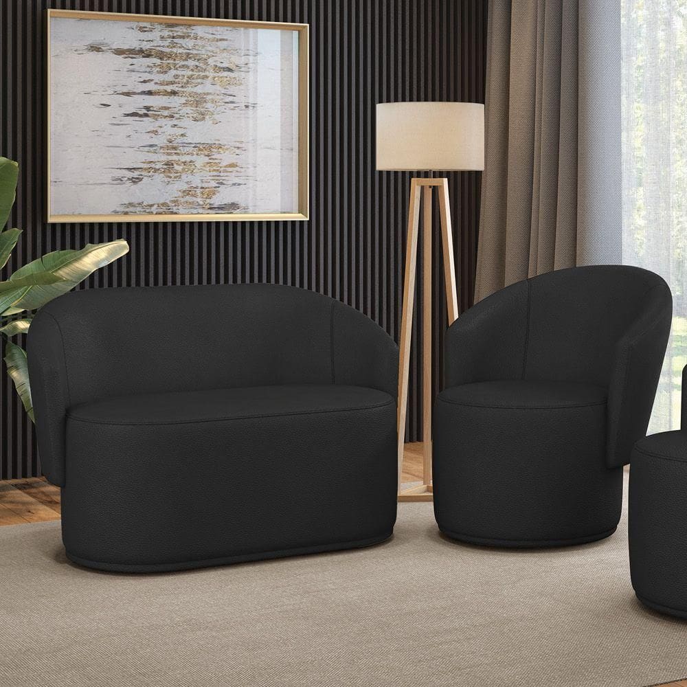 Sofá Namoradeira E Poltrona Orgânica Para Sala Malu Sintético Preto M11 - D`rossi
