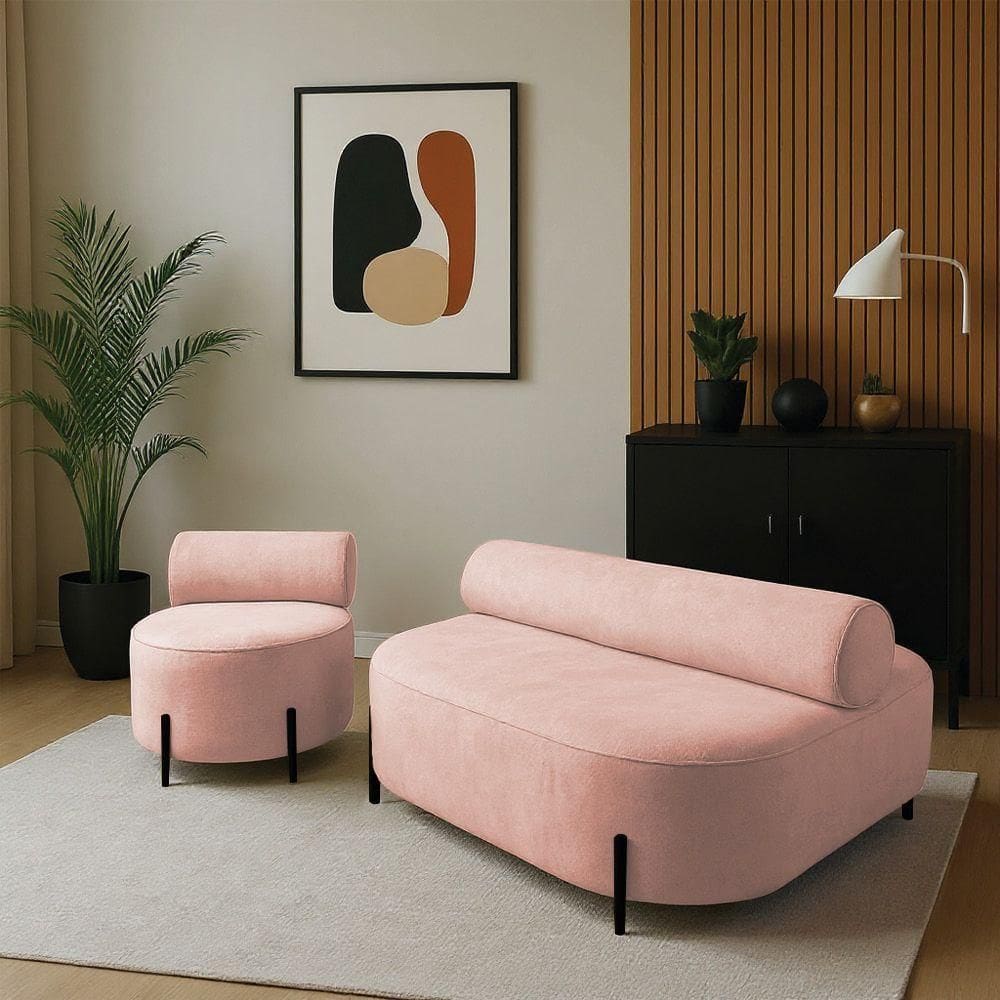 Sofá Sala Ilha Orgânico E 1 Poltrona 125cm éden Pé Aço Preto Bouclê Rosê E03 - D`rossi