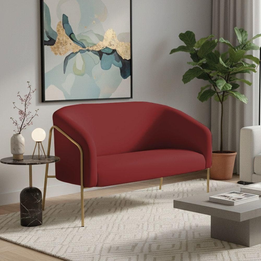 Sofá 2 Lugares Namoradeira Stella Base Industrial Alta Dourada Veludo Marsala D03 - D`rossi