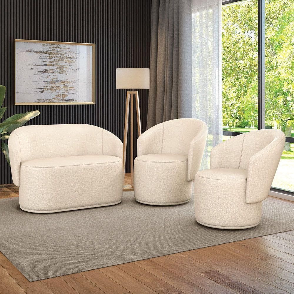 Sofá Namoradeira E 2 Poltronas Orgânica Para Sala Malu Sintético Bege M11 - D`rossi