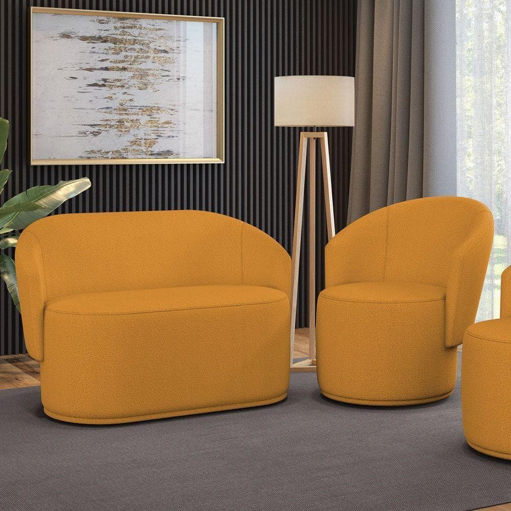 Sofá Namoradeira E Poltrona Orgânica Para Sala Malu Bouclê Mostarda M11 - D`rossi