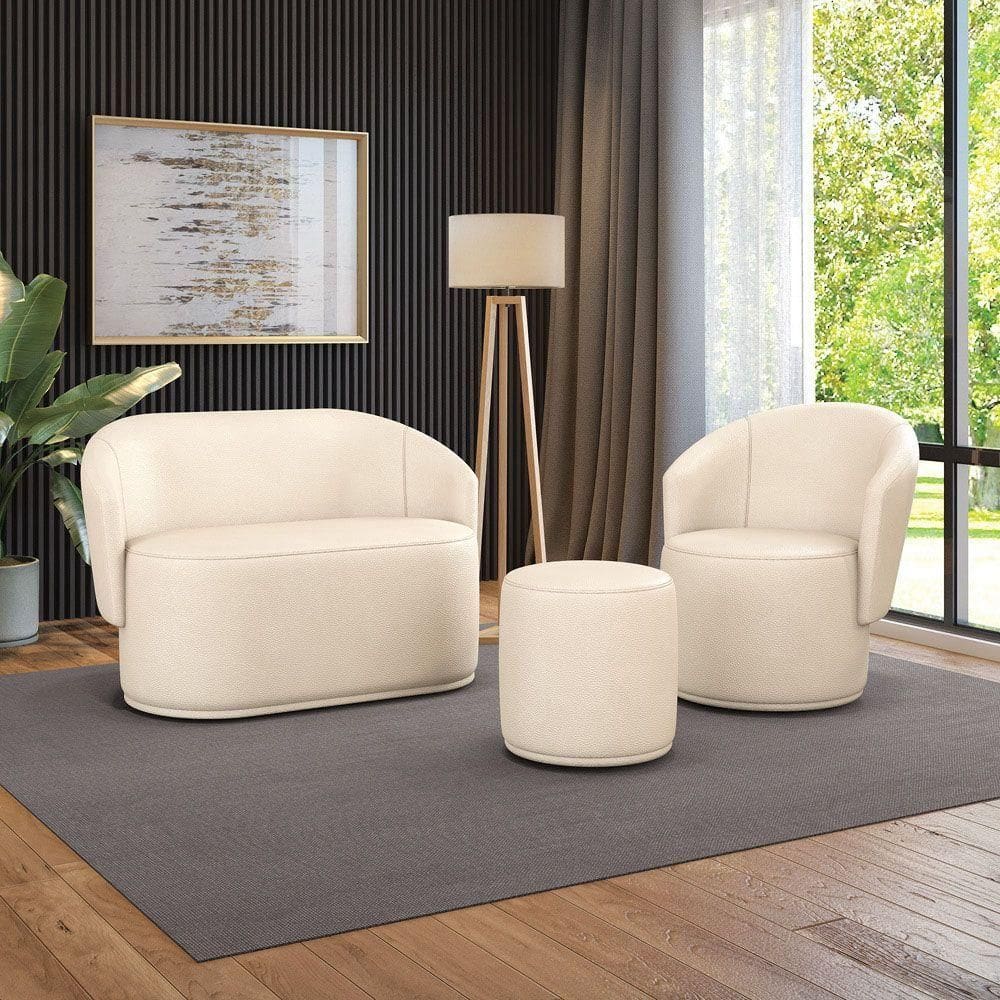 Sofá Namoradeira Com Poltrona E Puff Orgânico Sala Malu Sintético Bege M11 - D`rossi