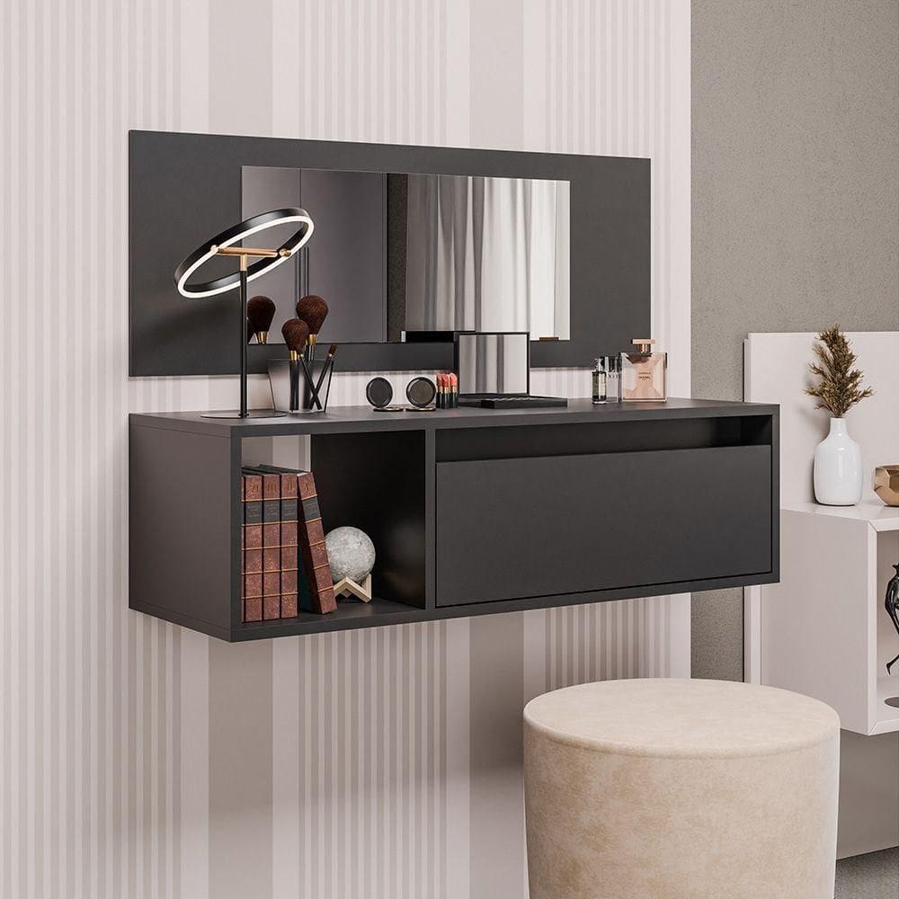 Penteadeira Camarim Eva Suspensa Com Espelho 1 Gaveta - Ssx Multicoisas Preto