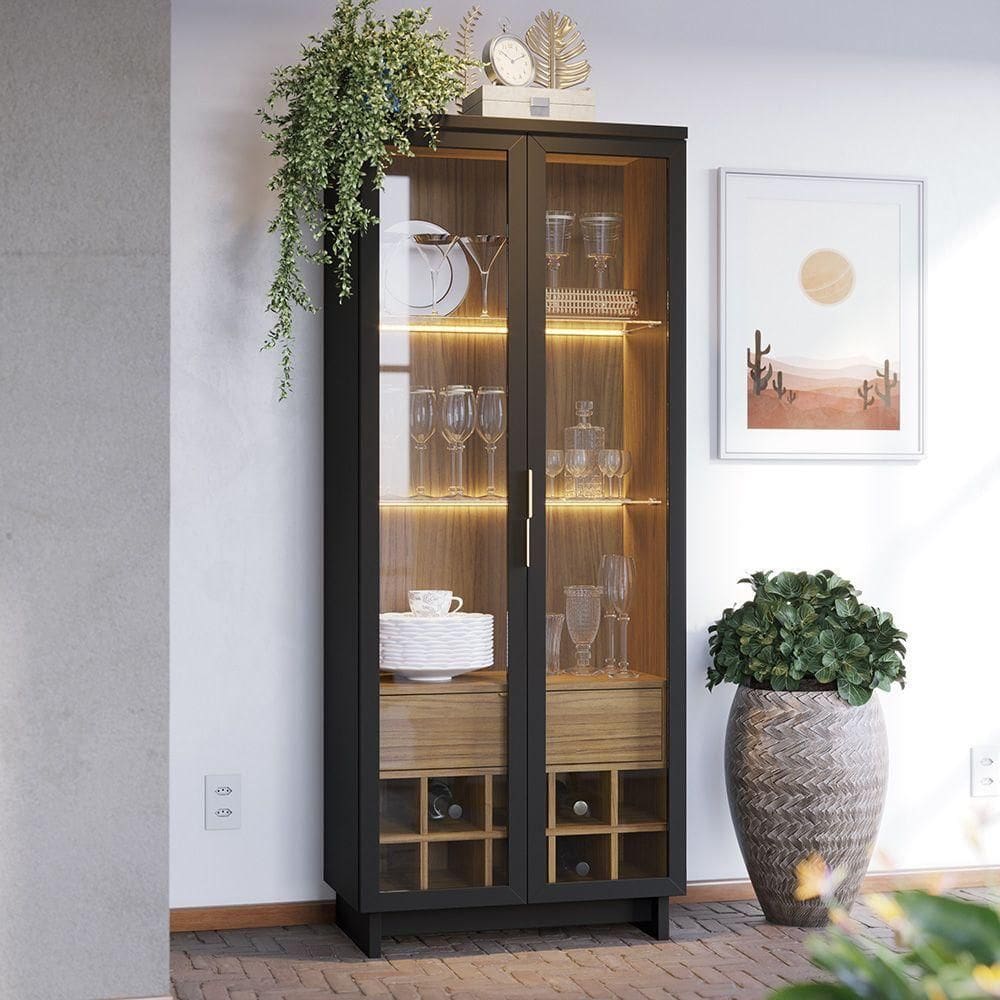 Cristaleira Guanabara 71cm 2 Portas De Giro - Ssx Multicoisas Cor Preto Fosco/noce Milano