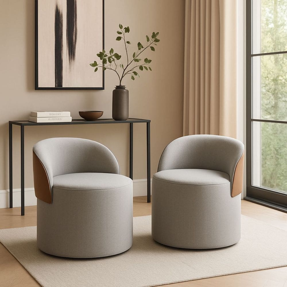 Kit 2 Puff Redondo Orgânico Com Encosto Curvo Confortável Resistente Composé Linho Corino