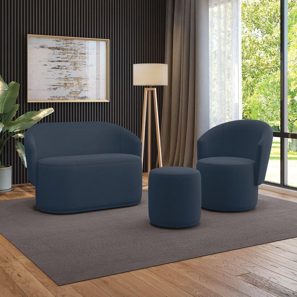 Sofá Namoradeira Com Poltrona E Puff Orgânico Sala Malu Suede M11 - D`rossi Azul Marinho
