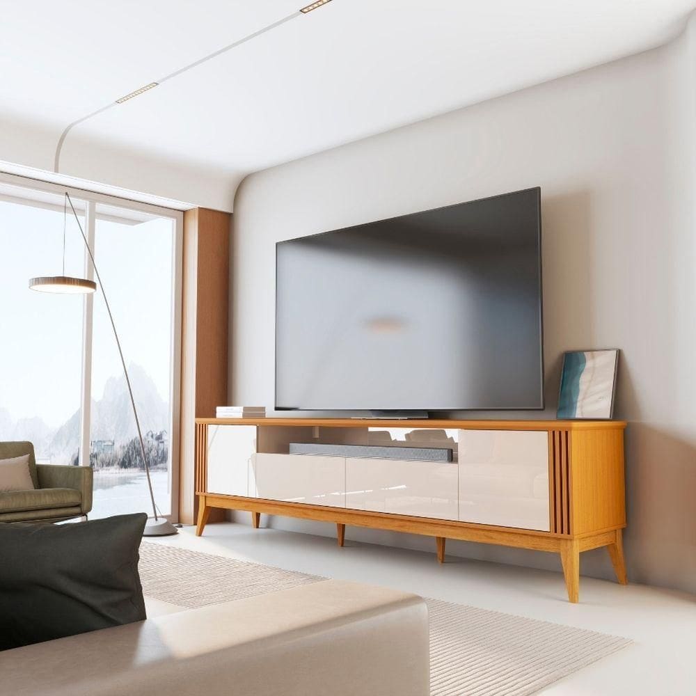 Rack Bancada Para Tv Até 75 Polegadas 2,18m 2 Portas Detalhe Ripado Vetro Madeirado/off White