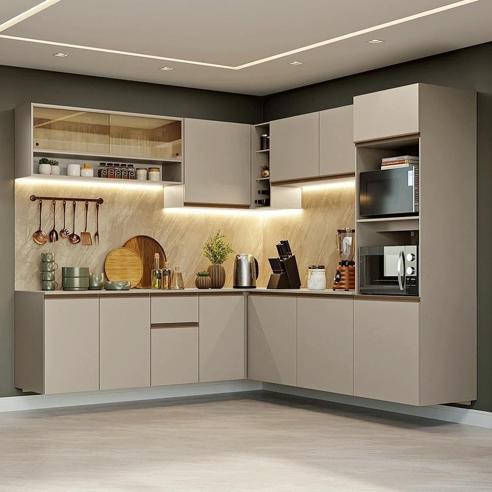 Armário De Cozinha Completa De Canto 445cm Suspensa Crema Nice Madesa 04 Crema