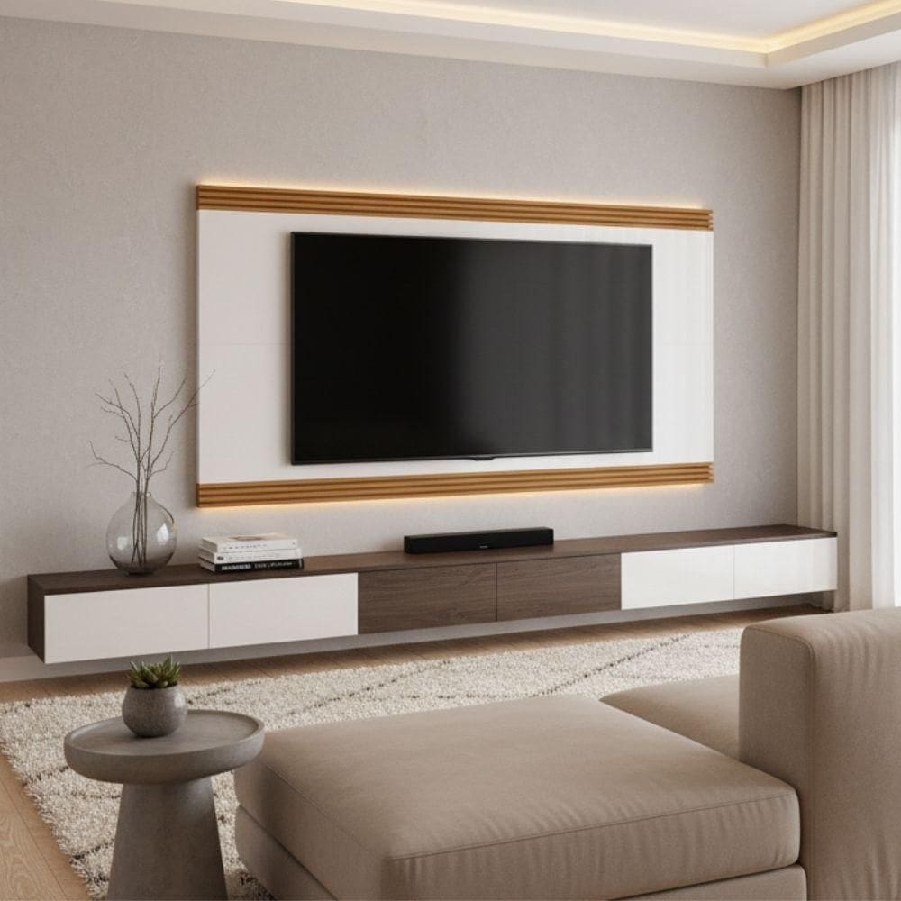Painel Para Tv Até 75 Polegadas 2,18m Detalhe Ripado Nex Off White/madeirado