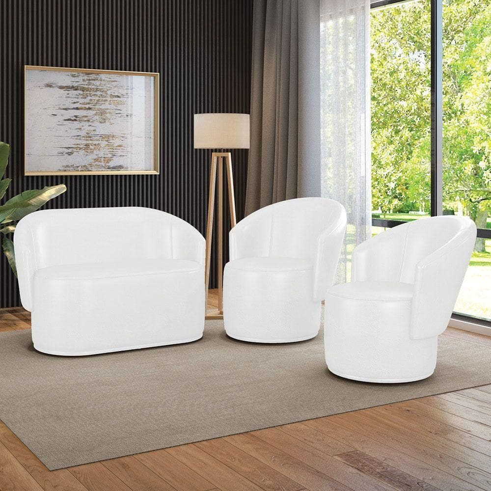 Sofá Namoradeira E 2 Poltronas Orgânica Para Sala Malu Sintético Pu M11 - D`rossi Branco