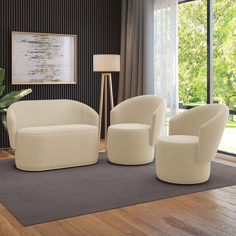 Sofá Namoradeira E 2 Poltronas Orgânica Para Sala Malu Suede M11 - D`rossi Bege