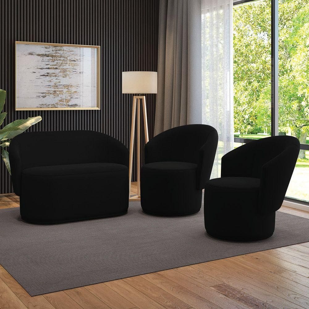 Sofá Namoradeira E 2 Poltronas Orgânica Para Sala Malu Suede M11 - D`rossi Preto