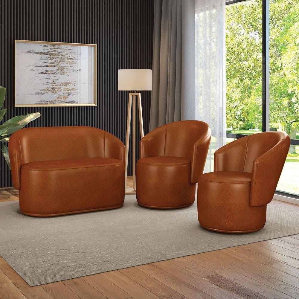 Sofá Namoradeira E 2 Poltronas Orgânica Para Sala Malu Sintético Pu M11 - D`rossi Nozes